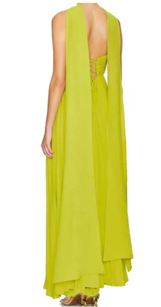 Yellow green fashion simple elegant tube top off shoulder long chiffon ball gown party dress evening dress with scarf Prom Dress gh3662