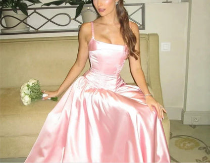 Beautiful Pink Spaghetti Strap Sweetheart A-Line Satin Party Dress Bridesmaid Dress TP4291