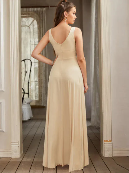 Elegant V-neck A-Line Satin High Slit Party Dress Evening Gown Bridesmaid Dress TP4298