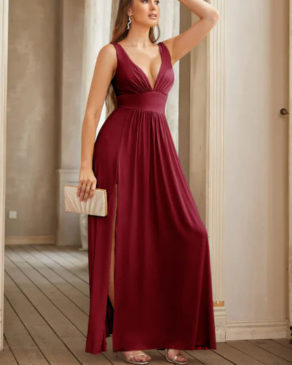Elegant V-neck A-Line Satin High Slit Party Dress Evening Gown Bridesmaid Dress TP4298
