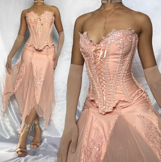 Soft pink beaded long homecoming dress chiffon ball gown evening gown elegant chiffon birthday dress party dress two piece set gh4447