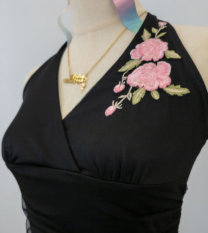 Black Vintage Halter Neck Embroidery Pink Floral Long/Mid-Length Chiffon Homecoming Dress Prom Dress gh4652