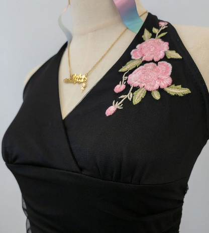 Black Vintage Halter Neck Embroidery Pink Floral Long/Mid-Length Chiffon Homecoming Dress Prom Dress gh4652