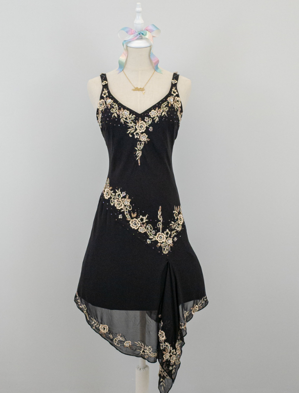 Black vintage asymmetric yellow floral short chiffon homecoming dress prom dress holiday dress gh4653