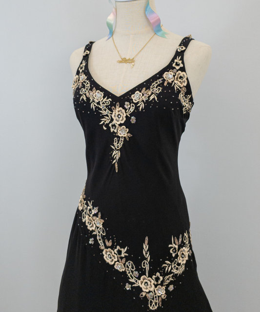 Black vintage asymmetric yellow floral short chiffon homecoming dress prom dress holiday dress gh4653