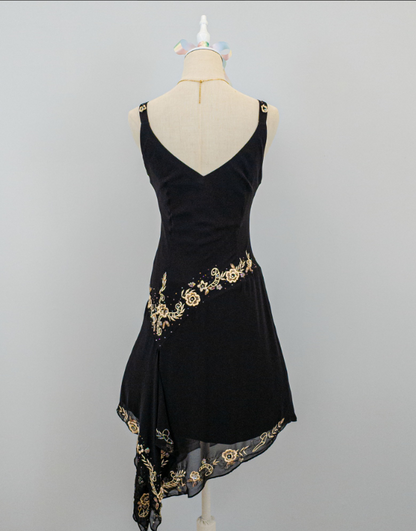 Black vintage asymmetric yellow floral short chiffon homecoming dress prom dress holiday dress gh4653