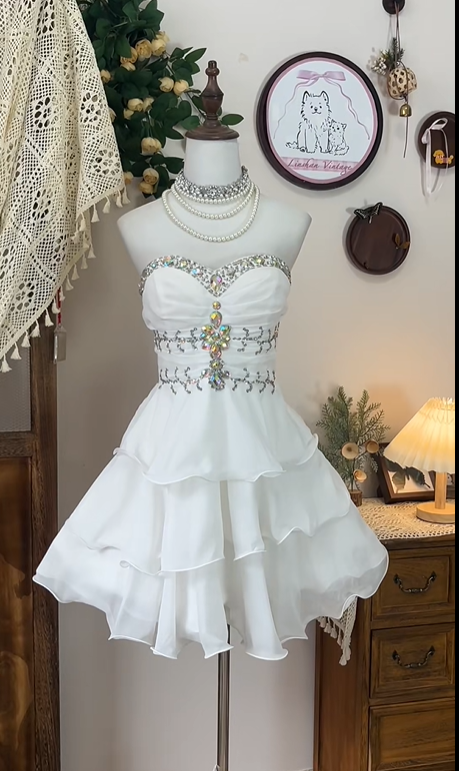 White Beaded Short Chiffon Homecoming Dress Party Dress Prom Dress gh4701