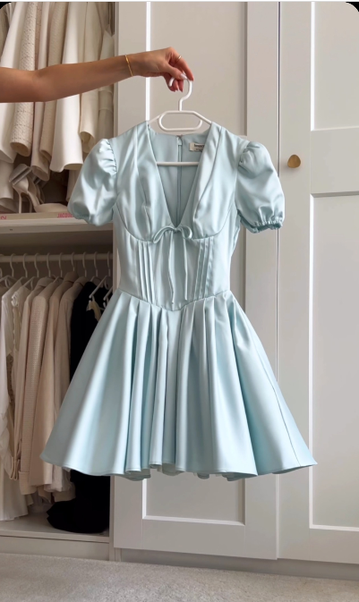 amakanas-Blue Sweet Fashion V-Neck Short Satin Homecoming Dress Birthday Party Dress gh5249