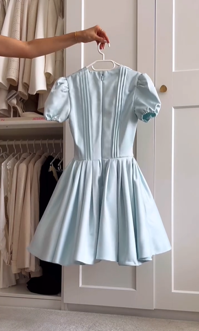 amakanas-Blue Sweet Fashion V-Neck Short Satin Homecoming Dress Birthday Party Dress gh5249