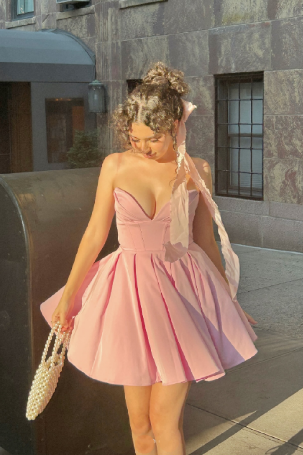 amakanas-Pink Fashion Sweet Short Satin Homecoming Dress Birthday Dress gh5271