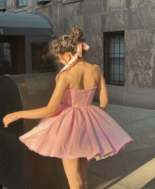 amakanas-Pink Fashion Sweet Short Satin Homecoming Dress Birthday Dress gh5271