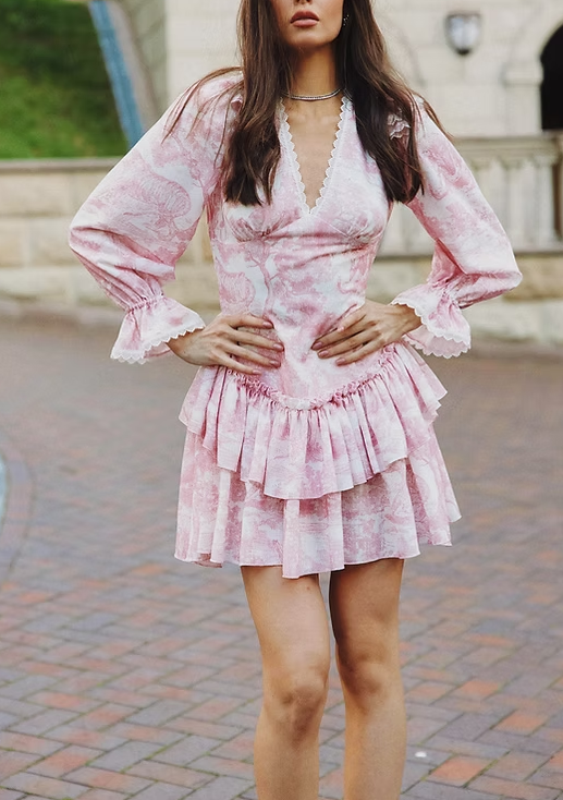 amakanas-Pink floral long sleeves fashion sweet short chiffon backless homecoming dress birthday dress gh5272