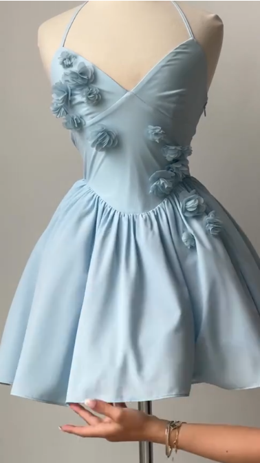 amakanas-Blue Short Floral Satin Spaghetti Strap Homecoming Dress gh5779