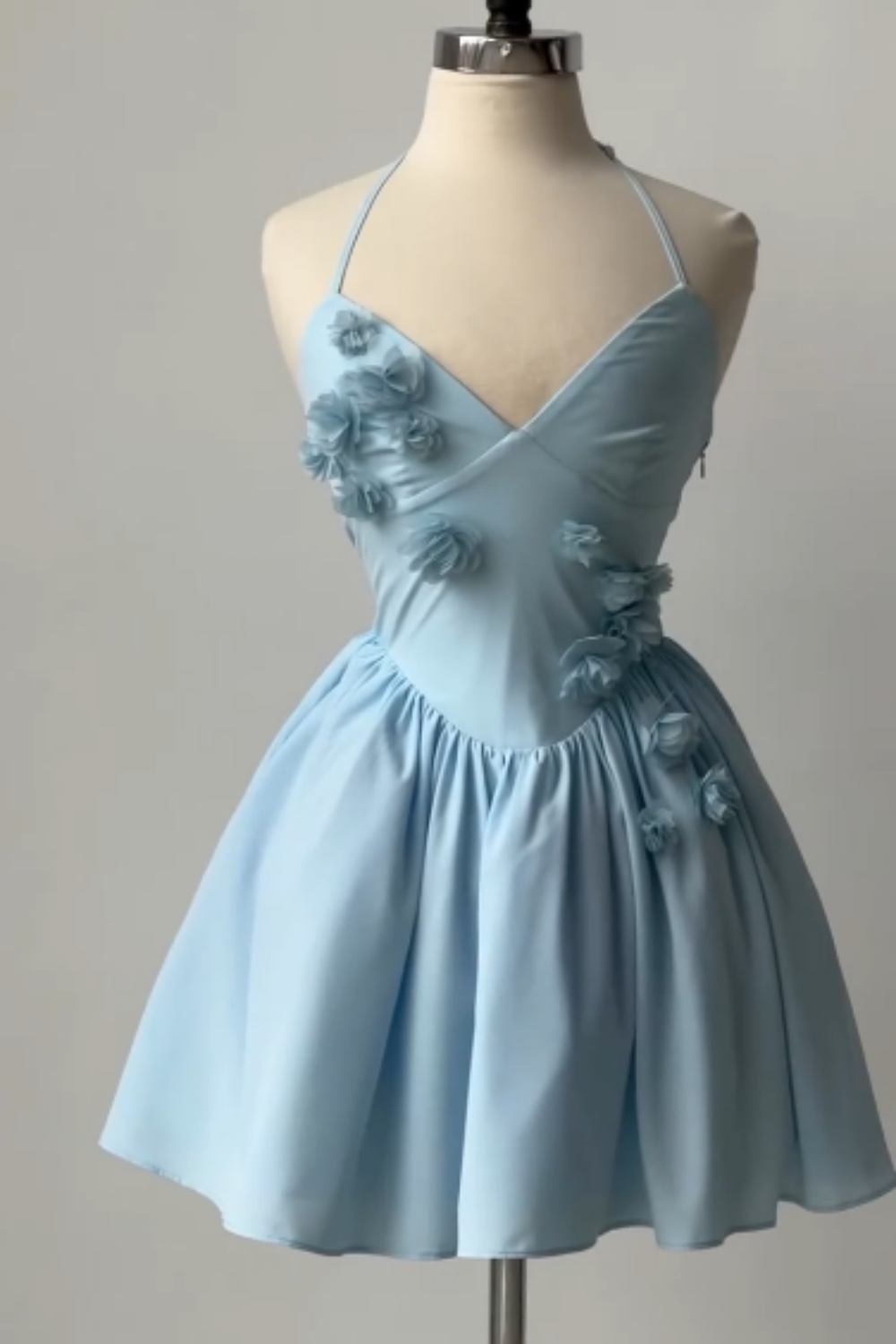 amakanas-Blue Short Floral Satin Spaghetti Strap Homecoming Dress gh5779