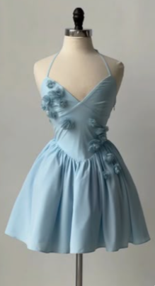 amakanas-Blue Short Floral Satin Spaghetti Strap Homecoming Dress gh5779