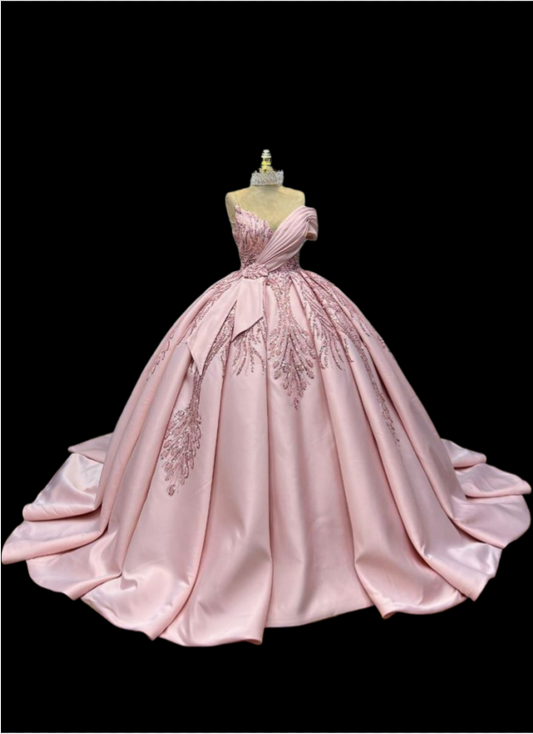 amakanas-Sweet 16 Quinceanera Dresses Pink Gorgeous Long Satin Ball Gown with Intricate Beading gh5969