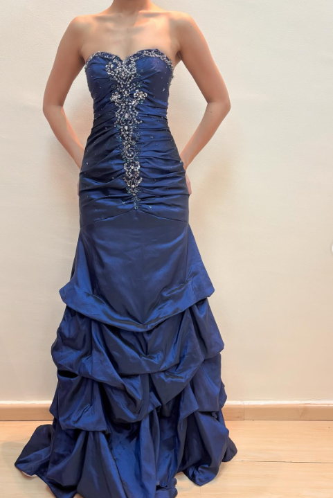 amakanas-Vintage royal blue dress with sewn beading and adjustable back gh6178