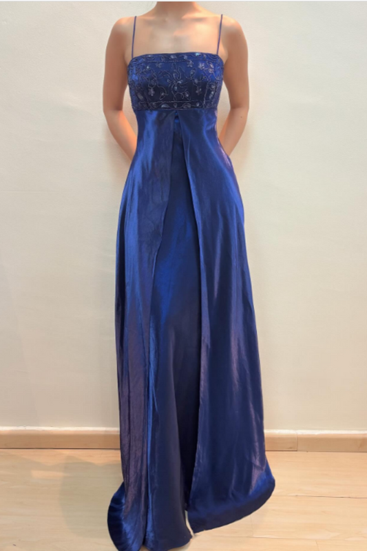 amakanas-Dark Navy Blue Imperial Dress Sparkling and charming delicate beaded spaghetti strap vintage dress gh6179