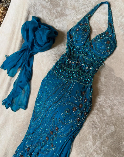 amakanas-Blue delicate beaded chiffon long dress gh6153