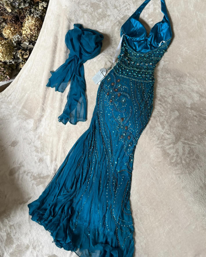 amakanas-Blue delicate beaded chiffon long dress gh6153