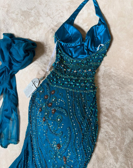 amakanas-Blue delicate beaded chiffon long dress gh6153