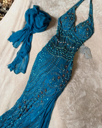 amakanas-Blue delicate beaded chiffon long dress gh6153