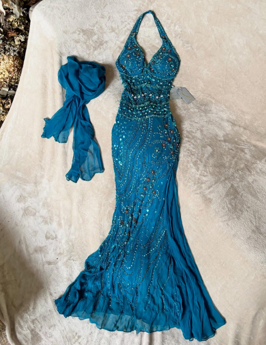 amakanas-Blue delicate beaded chiffon long dress gh6153