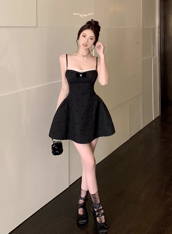 Cute Black Spaghetti Strap Backless Bow Design A-line Lace Homecoming Dress TP3692