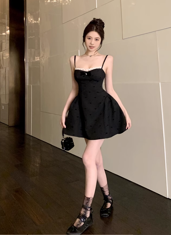 Cute Black Spaghetti Strap Backless Bow Design A-line Lace Homecoming Dress TP3692