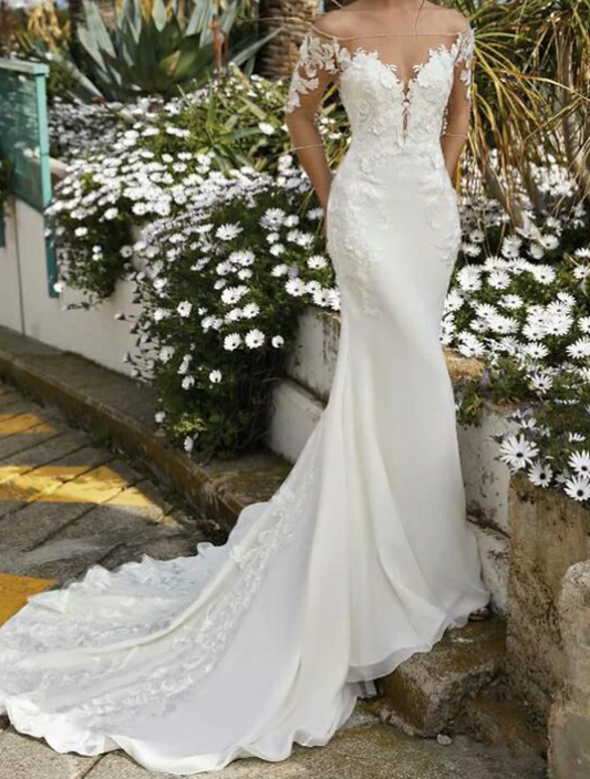 Elegant White Applique Sweetheart Off-the-shoulder Mermaid Satin Trailing Long Wedding Dress TP4824