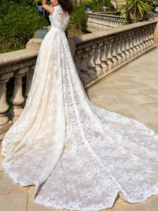 Elegant Ivory Lace Sweetheart Mermaid Straps Trailing Long Wedding Dress TP4826