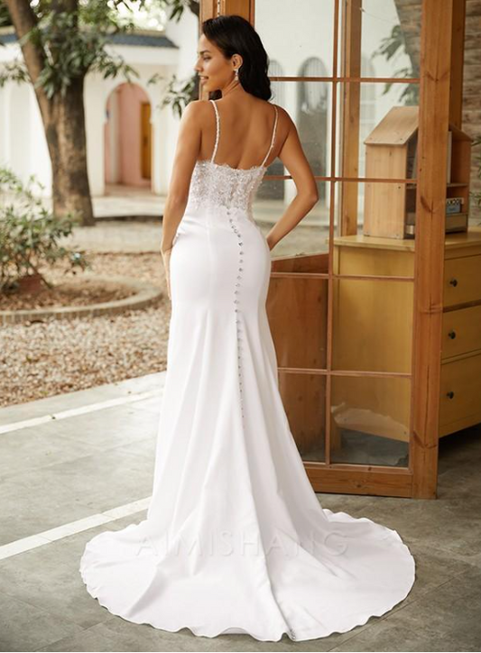 Elegant White Applique Sheath Spaghetti Strap High Slit Trailing Long Wedding Dress TP4827