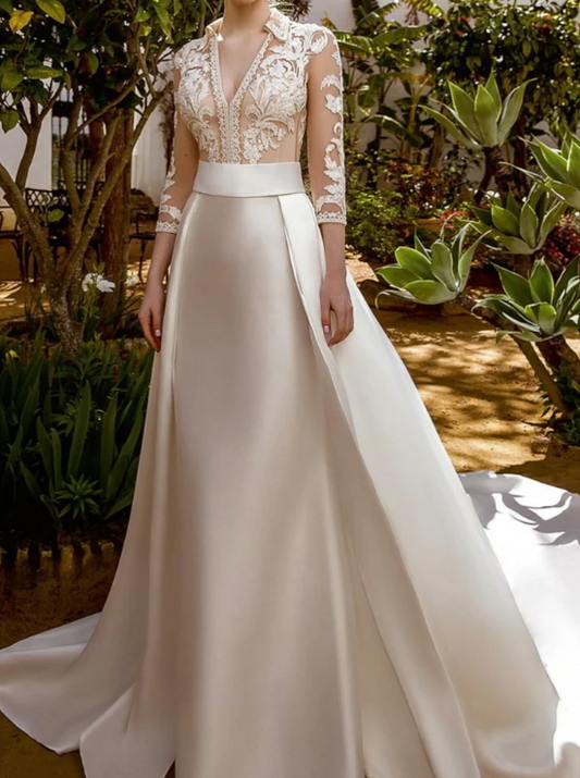 Elegant White Satin Applique V-neck A-Line Long-sleeve Trailing Long Wedding Dress TP4829