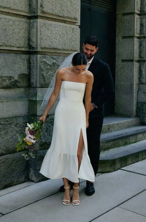 Elegant White Satin Strapless High Slit Sheath Wedding Dress TP4831