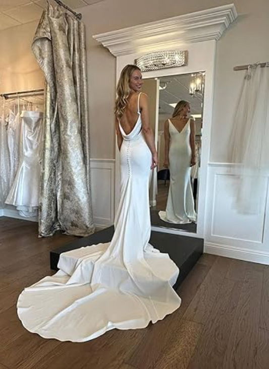 Elegant White Satin Straps V-neck Sheath Trailing Long Wedding Dress TP4832