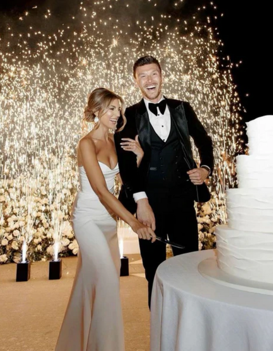 Elegant White Satin Strapless Sheath High Slit Tea Length Wedding Dress TP4833