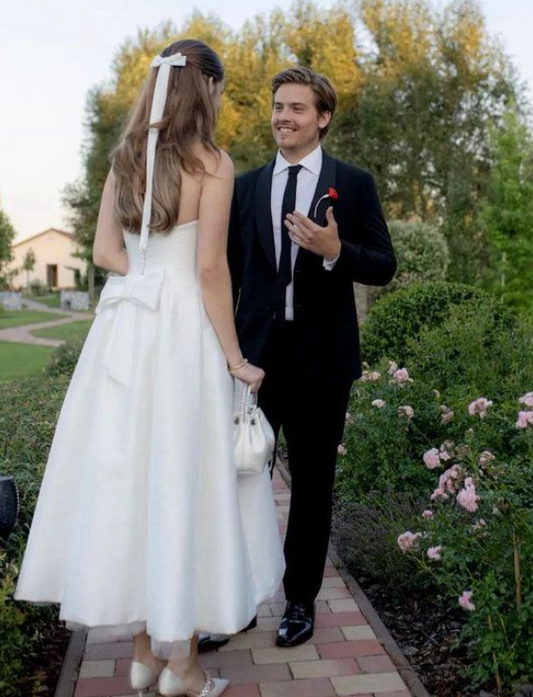 Elegant Simple White Square-neck Straps A-Line Ankle-length Wedding Dress TP4835