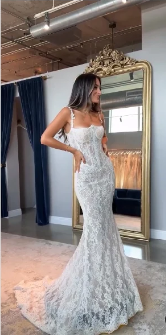 Elegant White Lace Spaghetti Strap Mermaid Trailing Long Wedding Dress TP4837