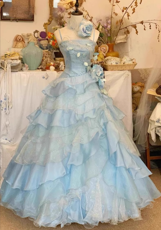 Vintage Sky Blue Spaghetti Strap Sweet 16 Quinceanera A-Line Floor-length Tiered Prom Dress Birthday Dress Evening Dress Ball Gown TP4842