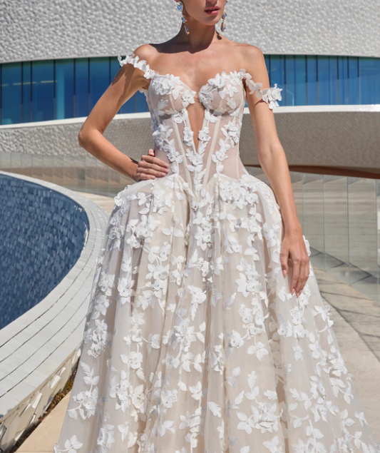 Elegant White Applique Off-the-shoulder A-Line Long Wedding Dress TP5018