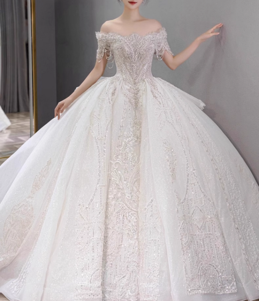 Elegant White Beaded Applique A-Line Off-the-shoulder Long Wedding Dress TP5024