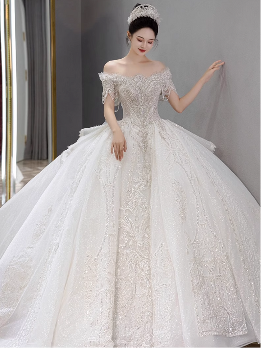 Elegant White Beaded Applique A-Line Off-the-shoulder Long Wedding Dress TP5024