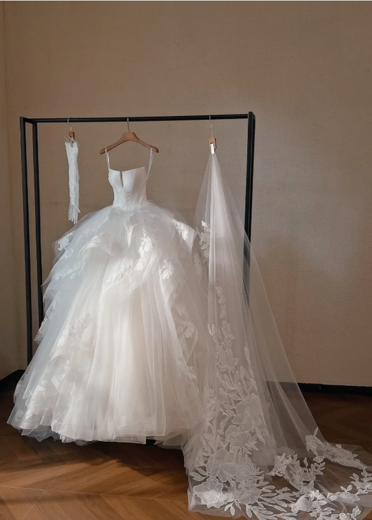 Gorgeous White Applique Strapless A-Line Tulle Long Wedding Dress TP5034