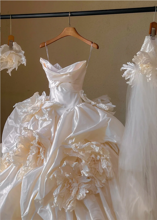 Gorgeous Ivory 3D Flowers Strapless A-Line Satin Long Wedding Dress TP5035