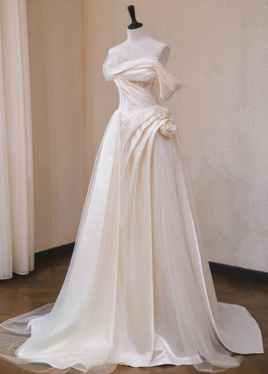 Gorgeous Ivory Satin Off-the-shoulder A-Line Long Wedding Dress TP5036