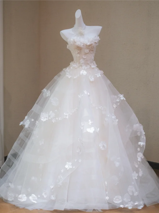 Gorgeous White 3D Flowers Applique Sweetheart A-Line Tulle Strapless Long Wedding Dress TP5039