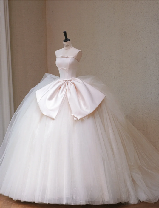 Gorgeous Strapless A-Line Bow Tulle Long Wedding Dress TP5043
