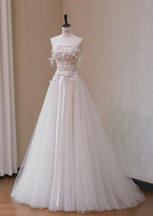 Gorgeous White Applique A-Line Ribbon Bow Spaghetti Strap Tulle Long Wedding Dress TP5044