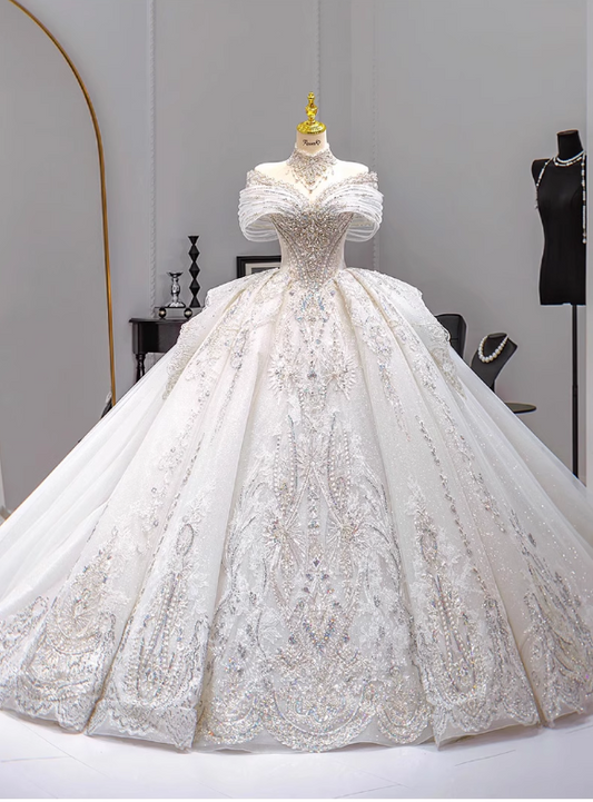 Gorgeous White Glittering Beaded A-Line Off-the-shoulder Long Wedding Dress TP5050