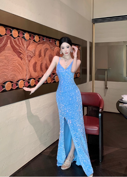 Vintage Sky Blue V-Neck Sequin Evening Gown Sheath Slit Prom Dress TP5145